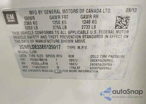 2014 Chevrolet Equinox Ltz z USA, uszkodzony, nr VIN 2GNFLDE33E6129917